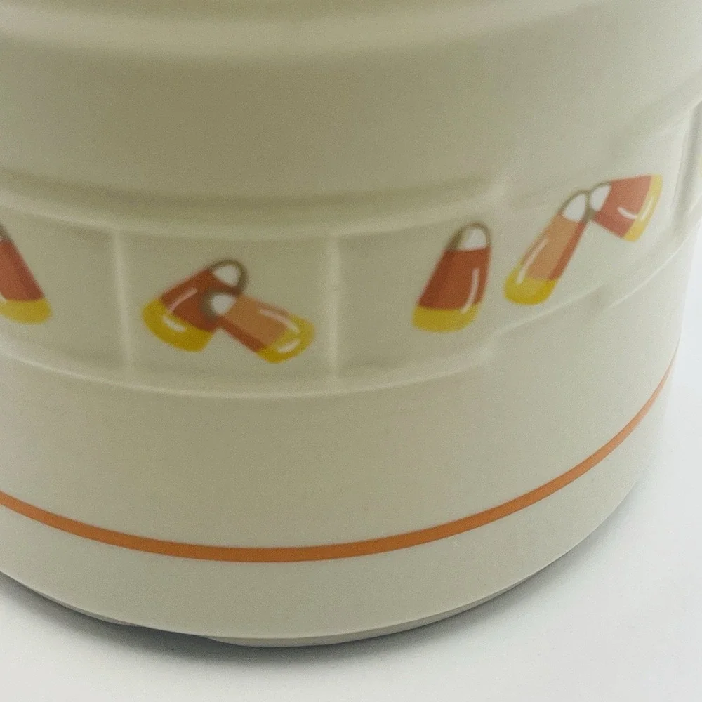 Longaberger Pottery Candy Corn Crock Halloween Fall Ceramic Jar Made in USA 4in